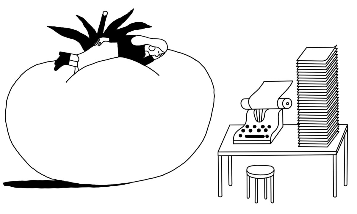 A woman sleeps on a giant tomato—a hard earned break after following the "pomodoro technique" with a stack of written pages neatly towering over her typewriter.